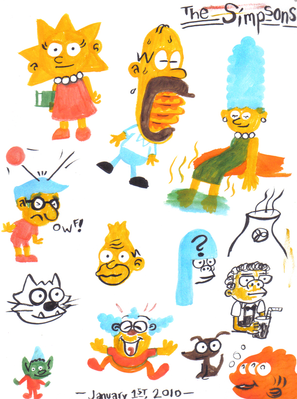 sketchbook drawings of The Simpsons characters
